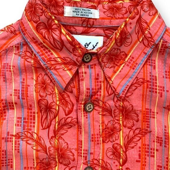 Vintage Rayon Shirt Red Floral Hawaiian Printed Vertical Striped Short Sleeve - Picture 5 of 9